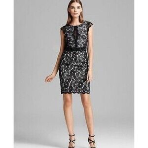 ML Monique Lhuillier Black Lace Sheath Cocktail Dress Women Size 8 Beaded Waist